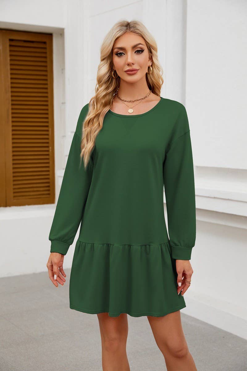 CWDSD8805_ROUND NECK LONG SLEEVE CASUAL DRESS