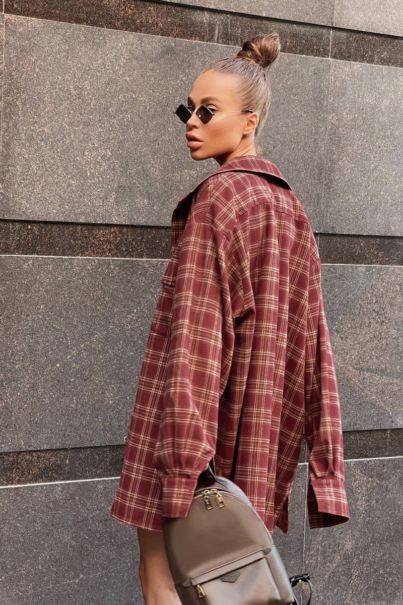 CWTBLL00607_LOOSE CASUAL RED PLAID LONG-SLEEVED SHIRT