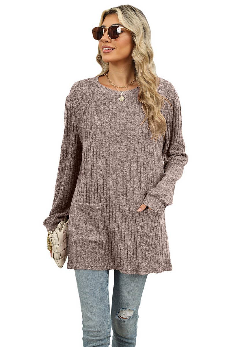 CWTBLL1118_CASUAL ROUND NECK POCKET PUFF SLEEVE LOOSE TOP