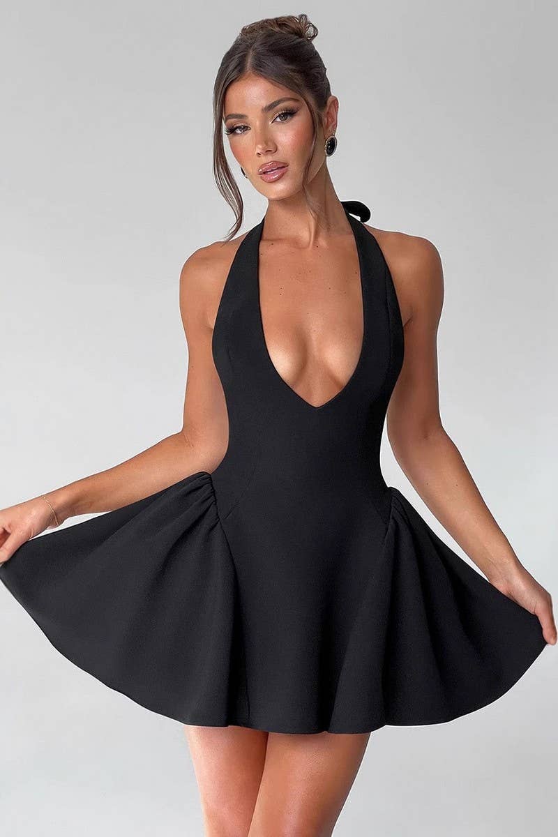 CWDSD8120_SOLID HALTER DEEP V NECK SLEEVELESS BODYCON DRESS
