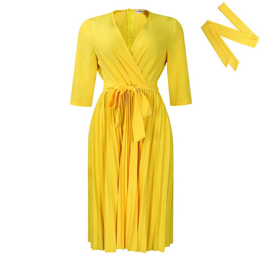 SOLID COLOR V-NECK LONG SLEEVE PLEATED SKIRT DRESS_CWDSD6145