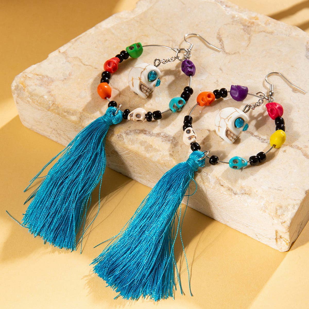 HALLOWEEN SKULL TASSEL RICE BEAD EARRINGS