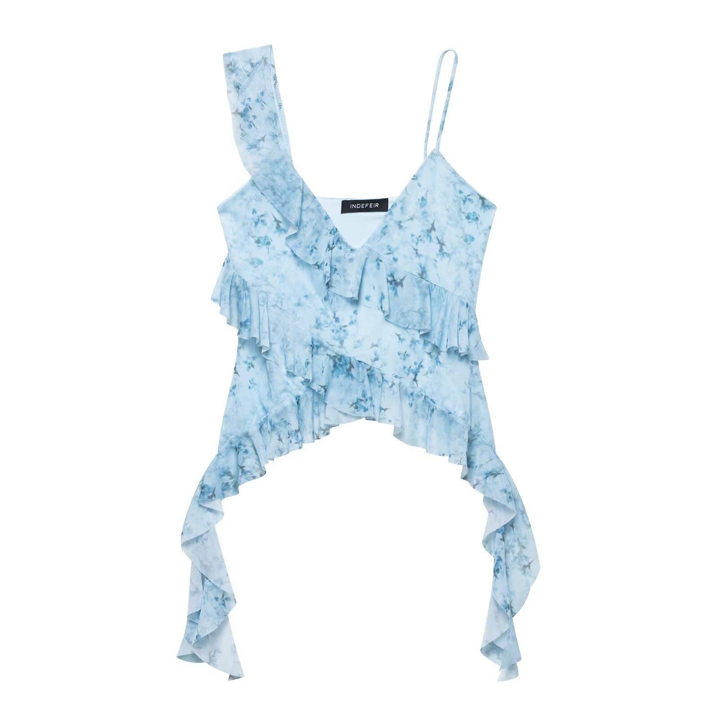 Design-sense layered printed mesh strappy top