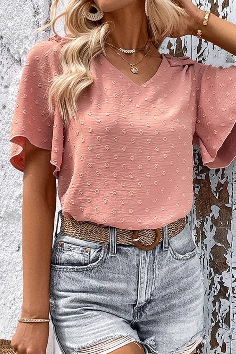 CWTBLS0375_V-Neck Short Sleeve Ruffle Detailed Blouse