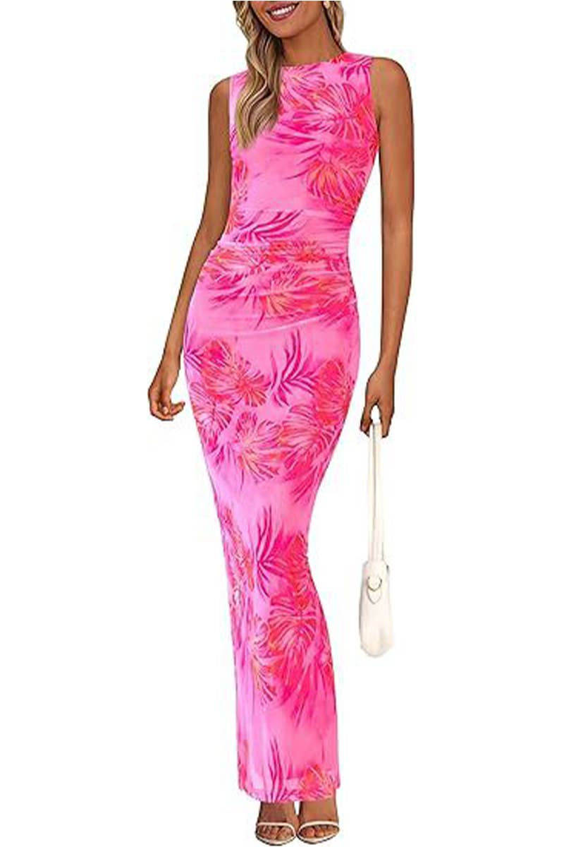 CWDMD6368_PLEATED FLORAL BODYCON SLEEVELESS MESH DRESS