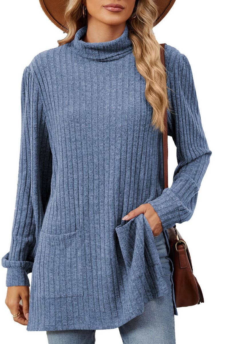 CWTBLL2363_SOLID COLOR HALF TURTLENECK SLIT POCKET TOP