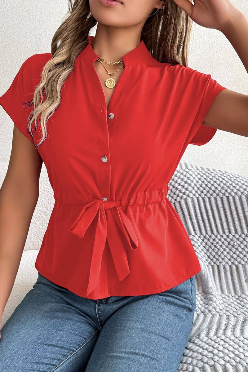 CWTBLS02501_2025 WOMEN V NECK SHORT SLEEVE CHIFFON BLOUSE