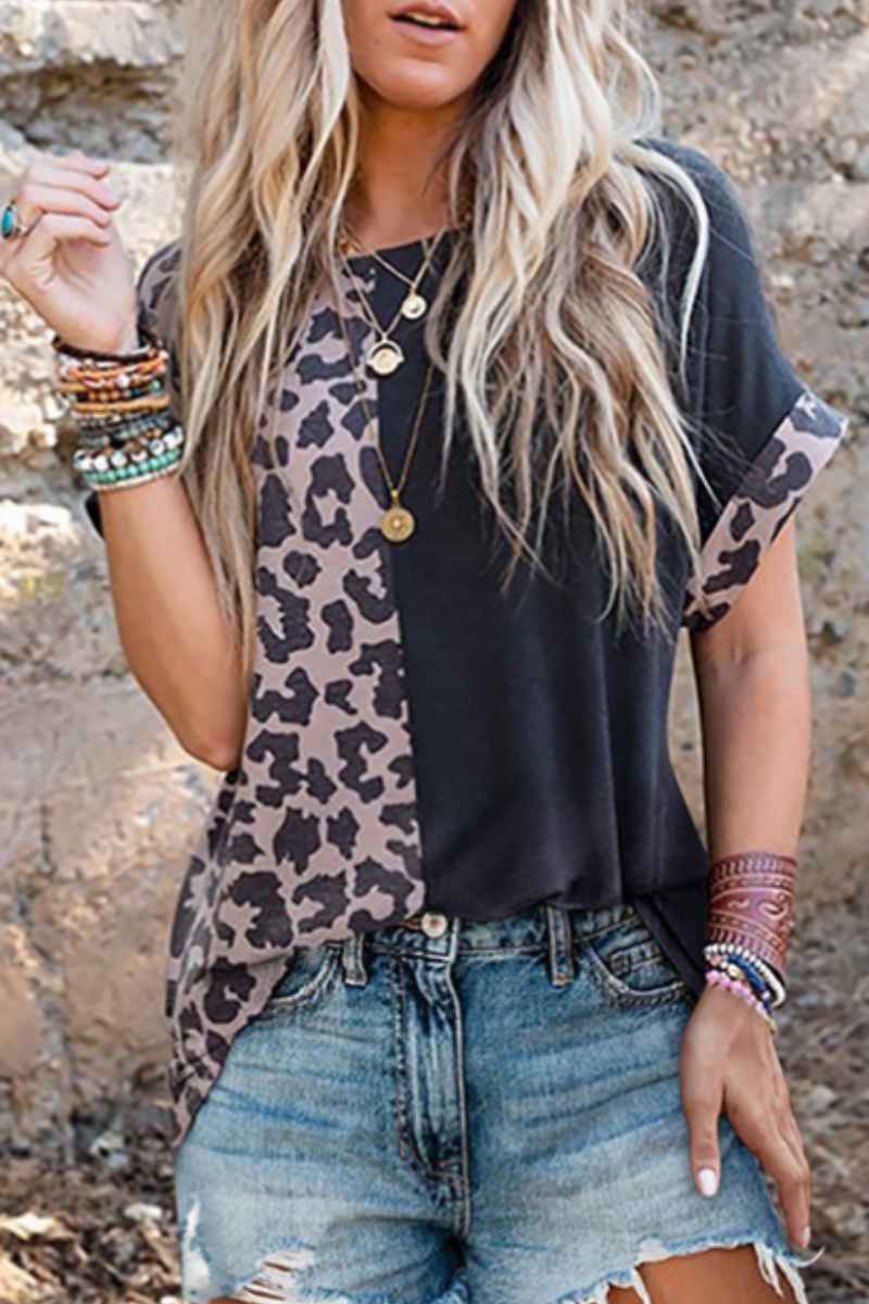 CWTBLS1324_SUMMER CREW-NECK LEOPARD PRINT SHORT-SLEEVED TOP