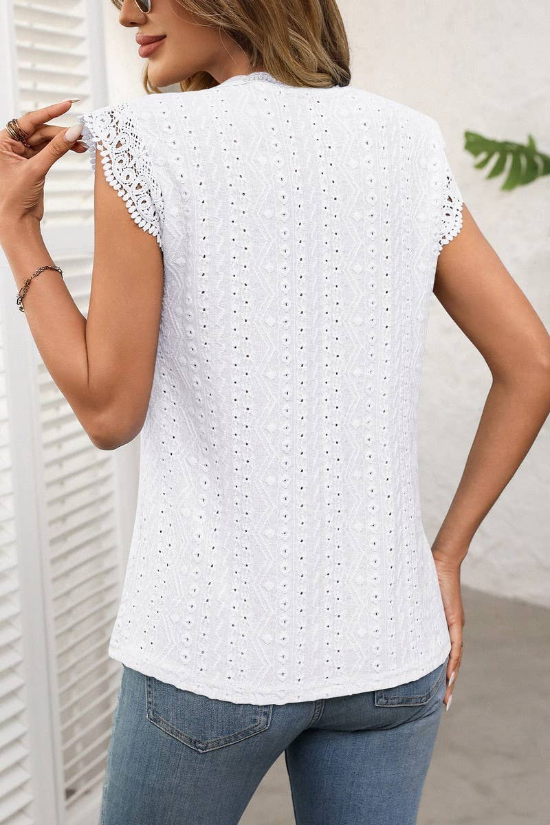CWTBLS1619_SOLID COLOR ROUND NECK LACE STITCHING HOLLOW TOP