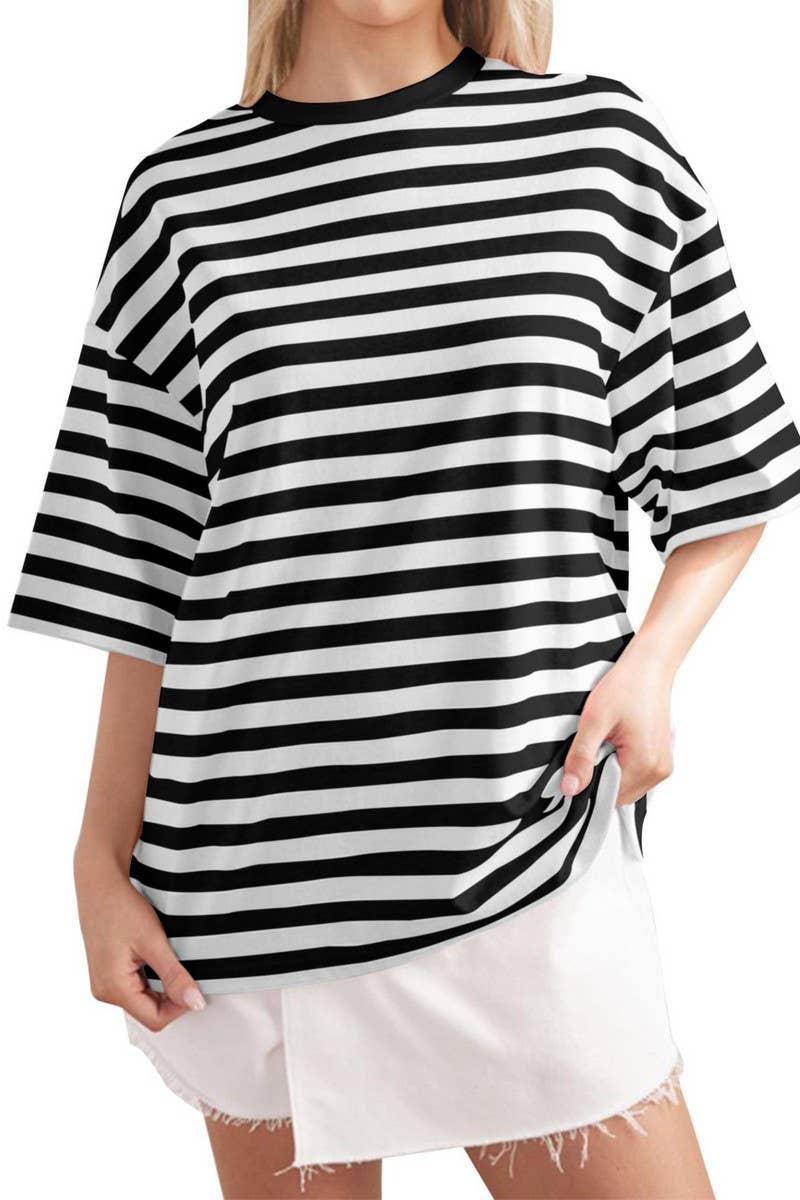 CWTTS1079_CASUAL ROUND NECK STRIPED PRINTED T-SHIRT