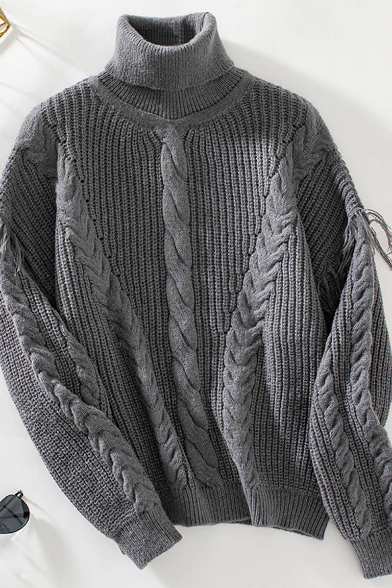 CWOSWL2810_FRINGED CABLE KNIT LONG SLEEVE PULLOVER SWEATER