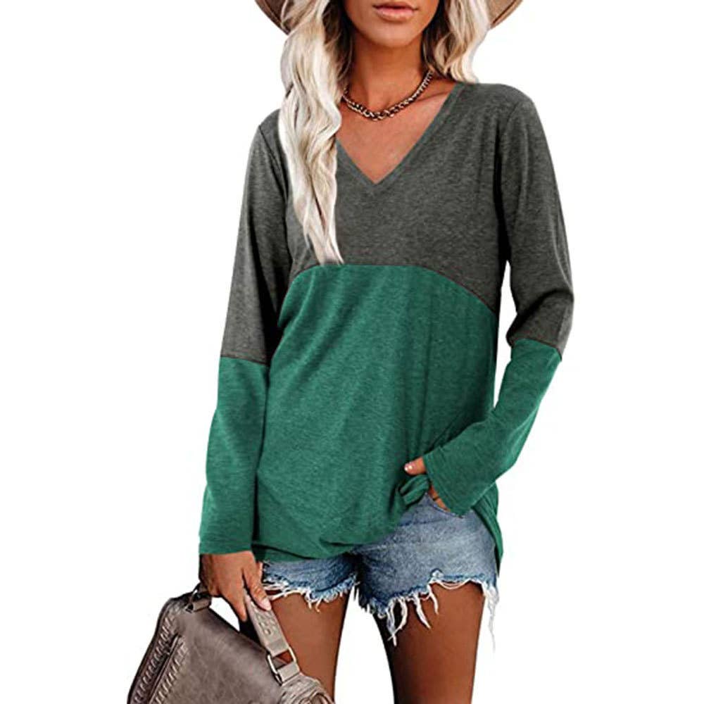 Color contrast patchwork V-neck long sleeve Tshirt