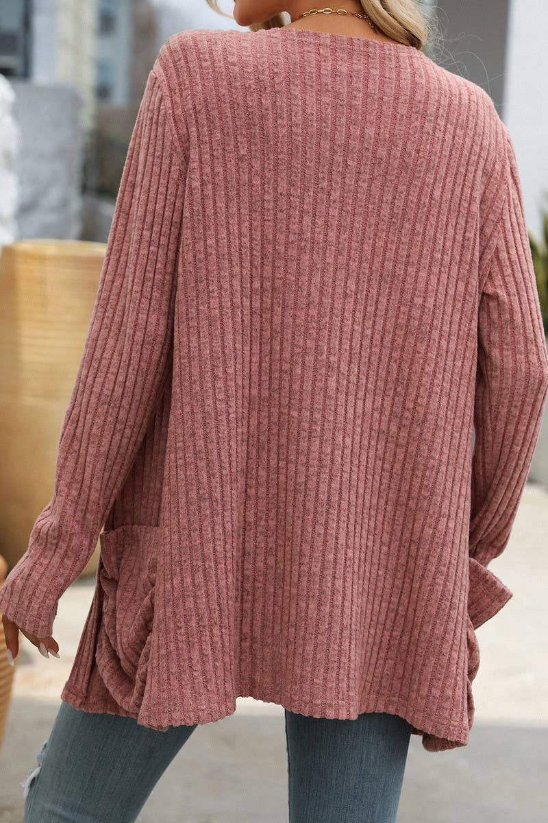 CWOCAL1308_SOLID COLOR RIBBED POCKET LONG SLEEVE CARDIGAN