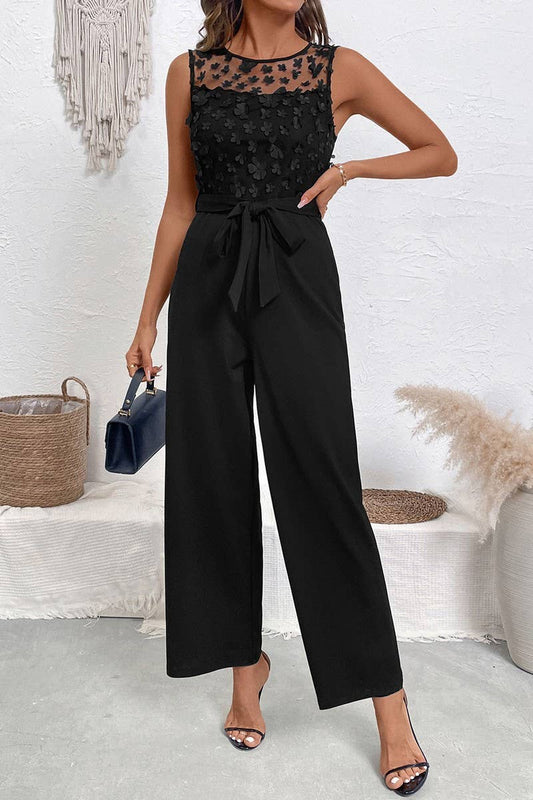 CWSJS1764_LACE PATCHWORK SLEEVELESS TIE WAIST JUMPSUIT