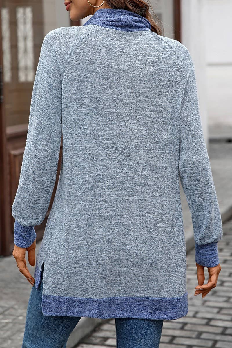 CWTBLL01308_COLORBLOCK SCARF NECK LONG SLEEVE CASUAL TOP