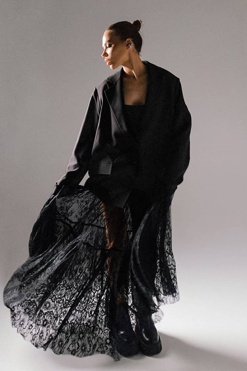 CWBLS138_LACE HOLLOW  HIGH WAIST MESH PLEATED SKIRT