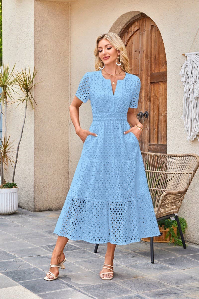 CWDMD6339_V-NECK HOLLOW EYELET PLEATED SHORT SLEEVE DRESS