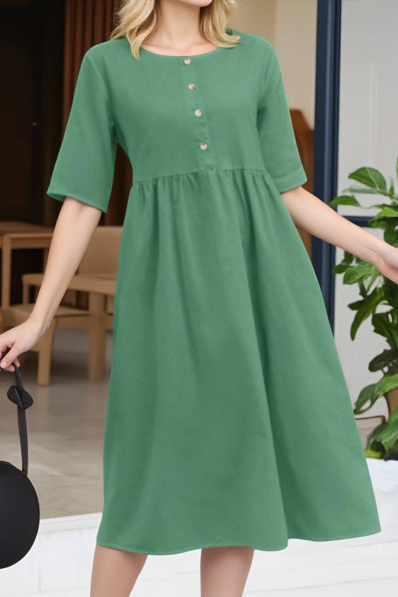 CWDMD01000_ROUND NECK LOOSE CASUAL SOLID COLOR POCKET DRESS