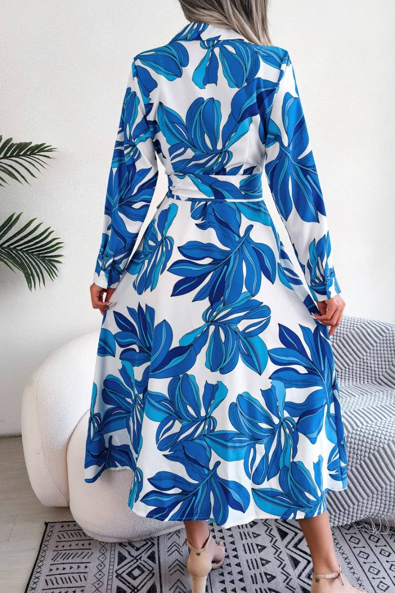 CWDMD2650_COLORFUL FLOWER LAPEL LACE-UP SHIRT LONG DRESS