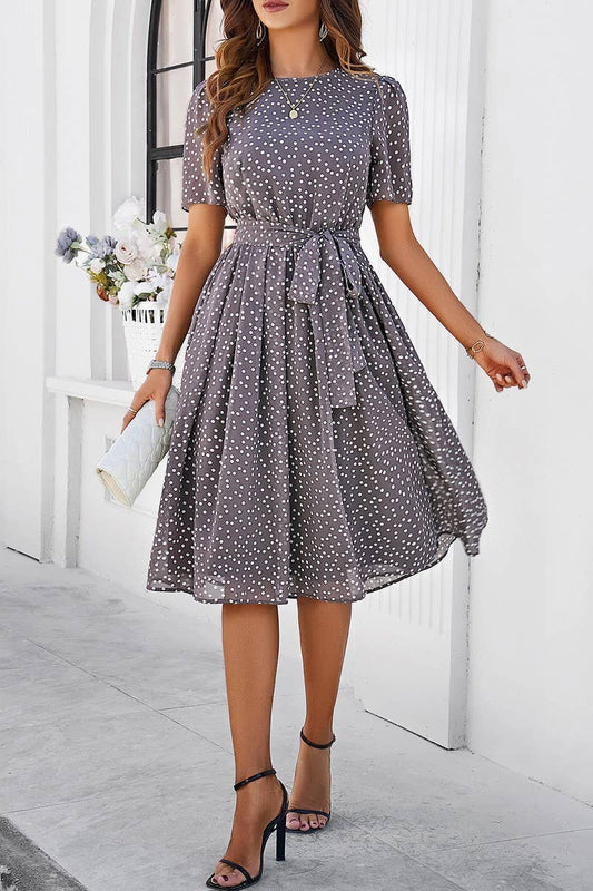 CWDSD7139_TEMPERAMENT CASUAL POLKA DOT LACE-UP PRINT DRESS