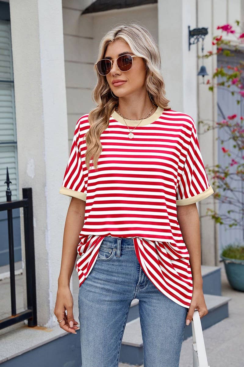 CWTTS1299_LOOSE STRIPED COLORBLOCK CREW NECK T-SHIRT TOP