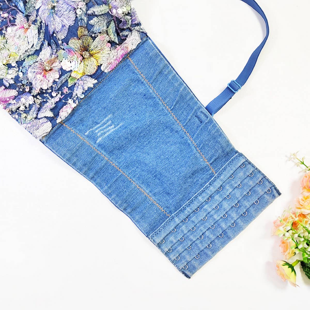HIGH-END DENIM FLOWER PATCHWORK HERRINGBONE BRA