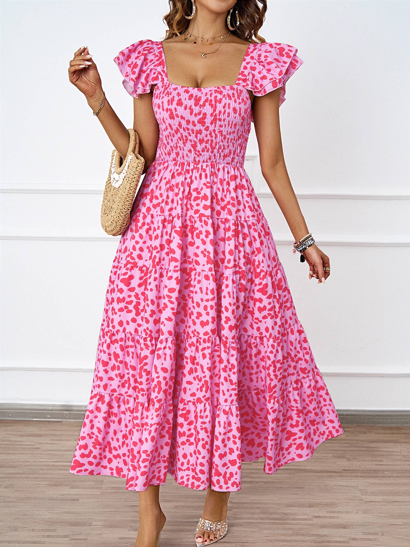 CASUAL SQUARE COLLAR PRINT PLEATED DRESS