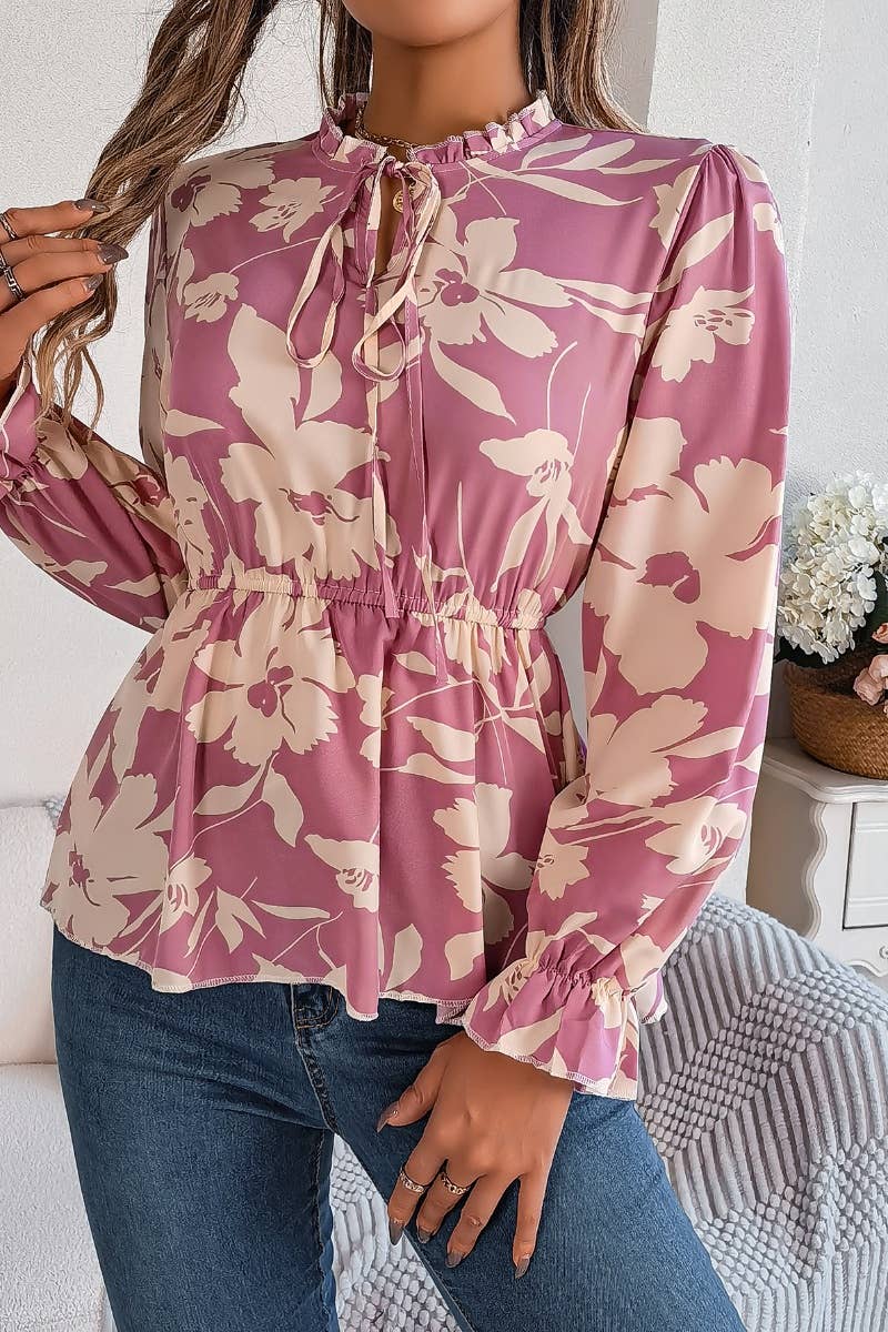 CWTBLL0954_CASUAL FLORAL LACE-UP LONG-SLEEVED CHIFFON TOP