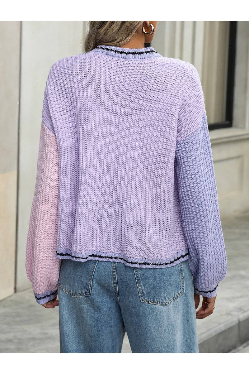 CWOSWL2462_Color Matching Long Sleeved Knit Sweater Cardigan