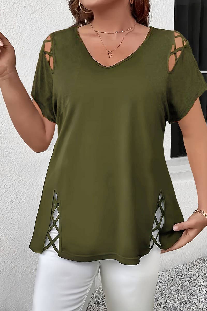 CWTBLS2188_SOLID V-NECK CRISSCROSS SHORT SLEEVE T-SHIRT