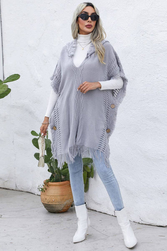 CWOSWL6438_V-NECK FRINGED HOODED MID-LENGTH CAPE KNITTED TOP