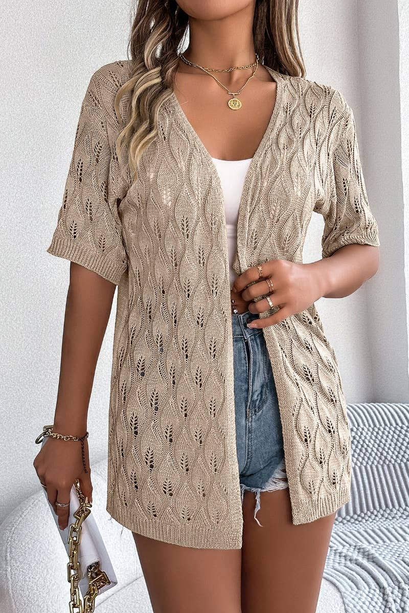 CWTBLS1063_KNITTED HOLLOW LEAF SHORT-SLEEVED SUNSCREEN SHIRT