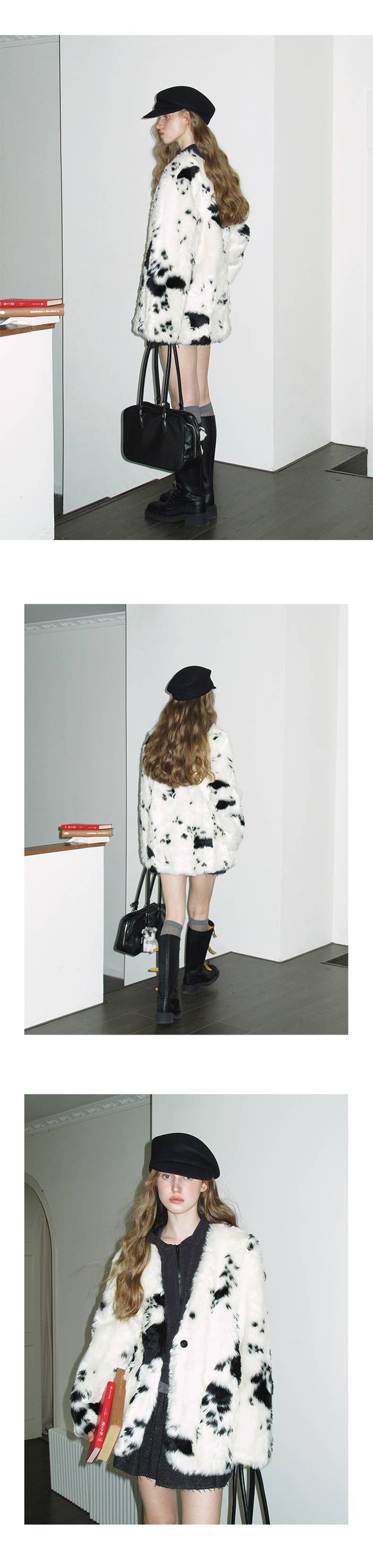 Fashionable color-blocking cow print coat