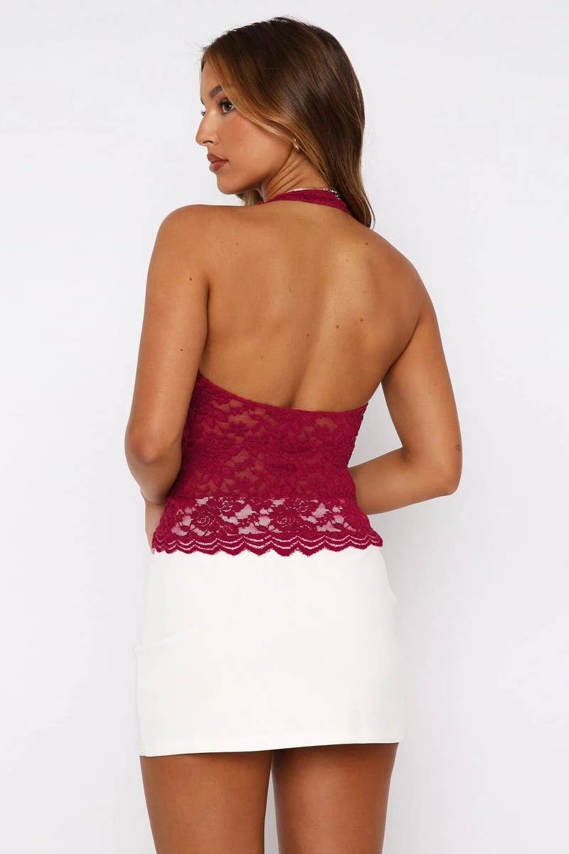 CWTHT0184_HOLLOW SLIM SEXY LACE HALTER SHORT TOP