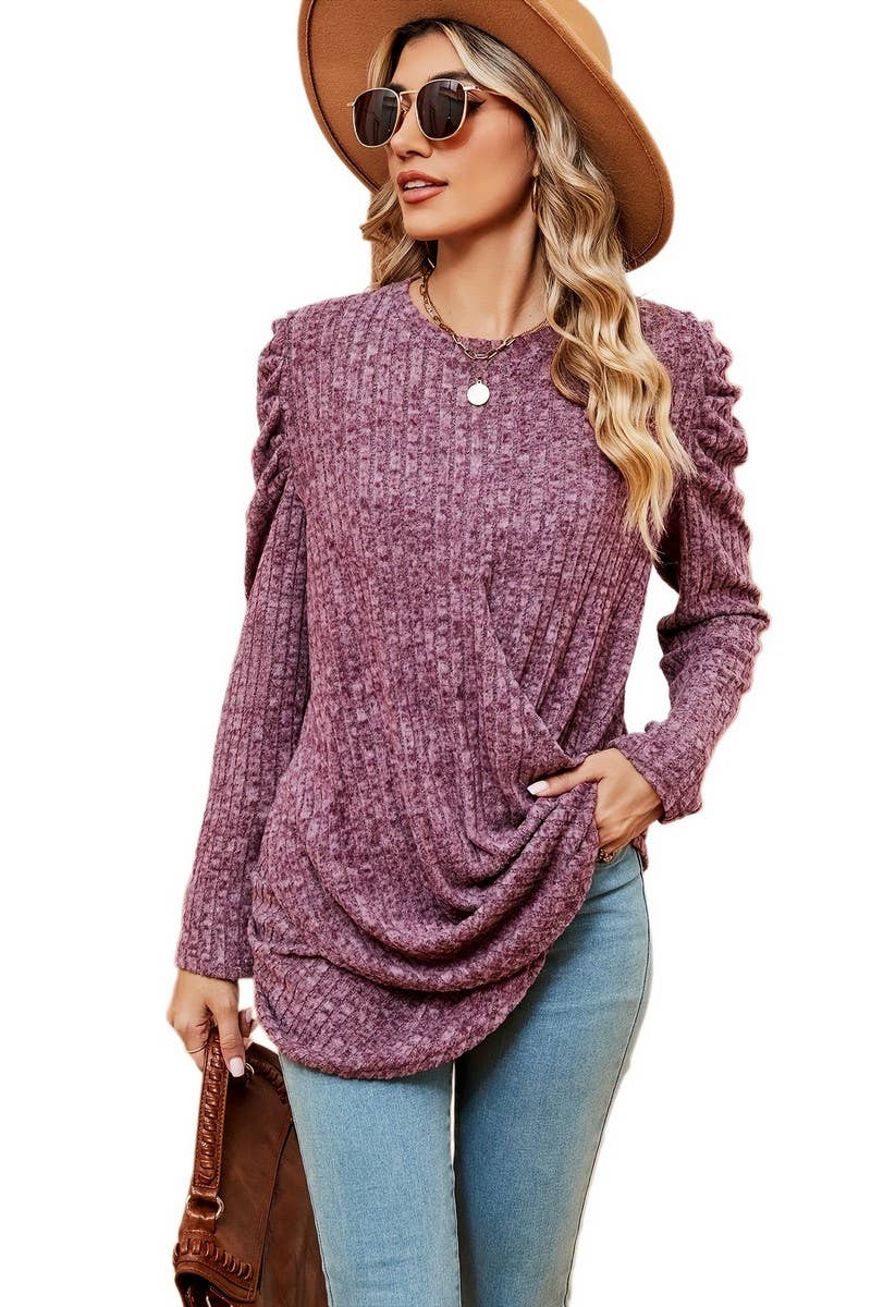 CWTBLL2403_ROUND NECK LONG SLEEVE TWISTED PUFF SLEEVE TOP