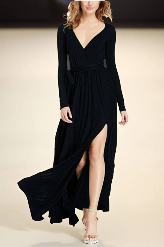 CWDMD01136_SOLID LONG SLEEVE V NECK SEXY DRESS