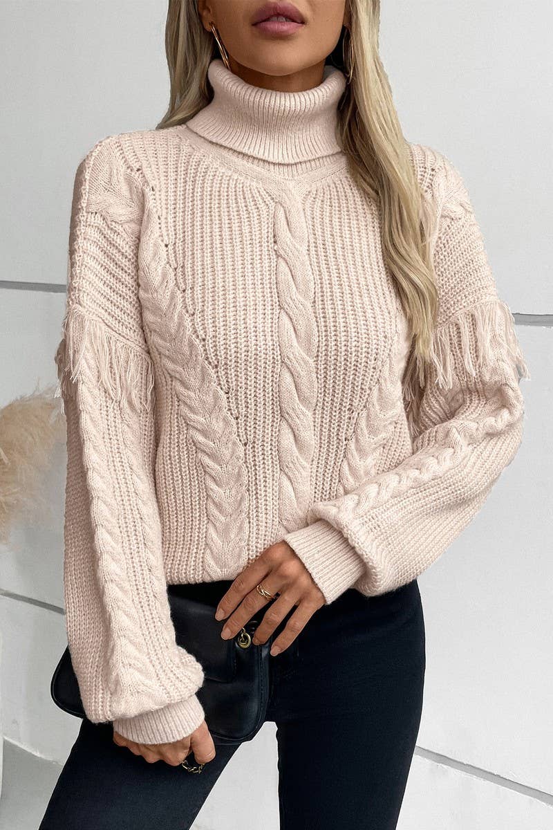 CWOSWL2810_FRINGED CABLE KNIT LONG SLEEVE PULLOVER SWEATER