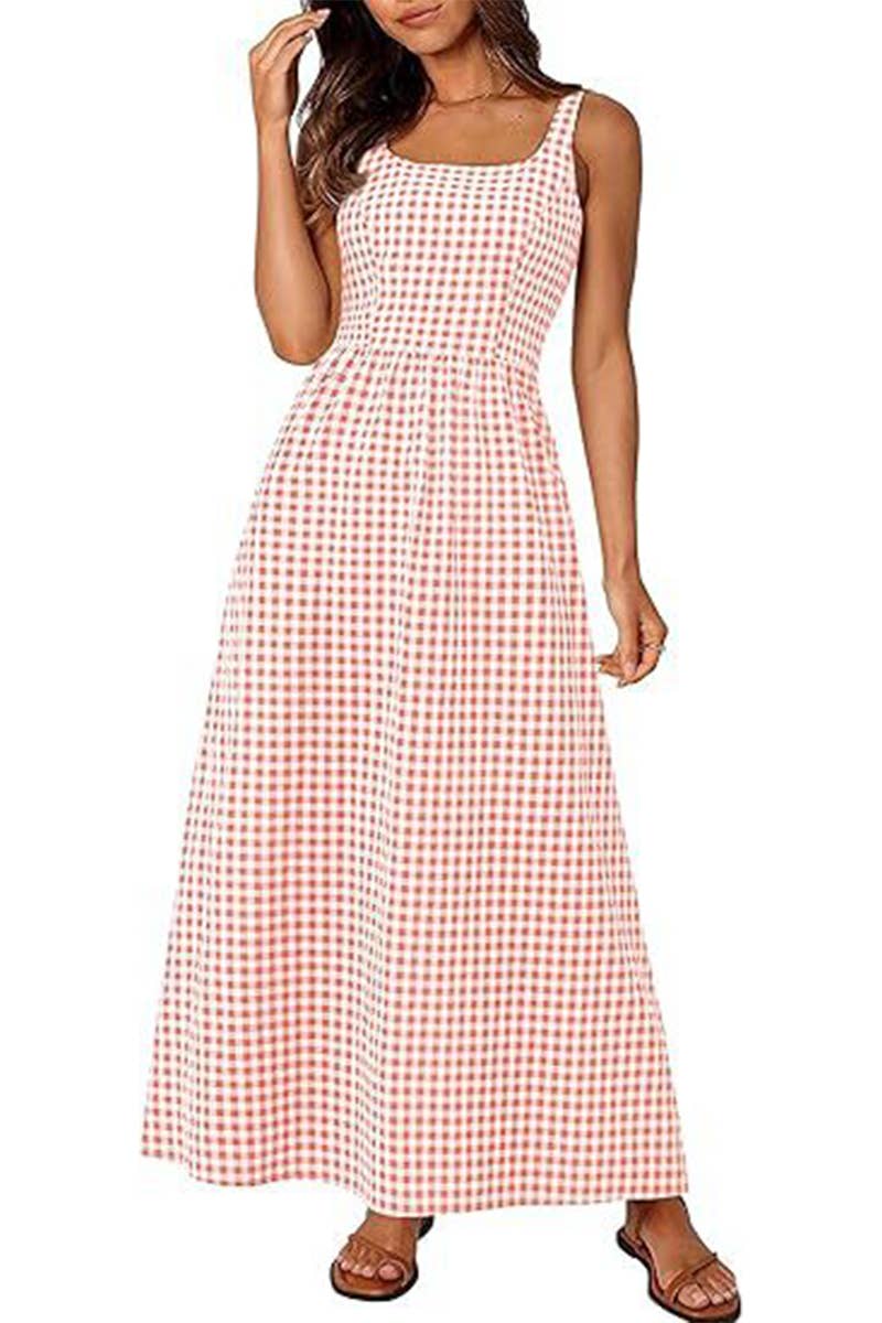 CWDHL1084_SPAGHETTI STRAP SQUARE NECK PLAID SHIRRED DRESS