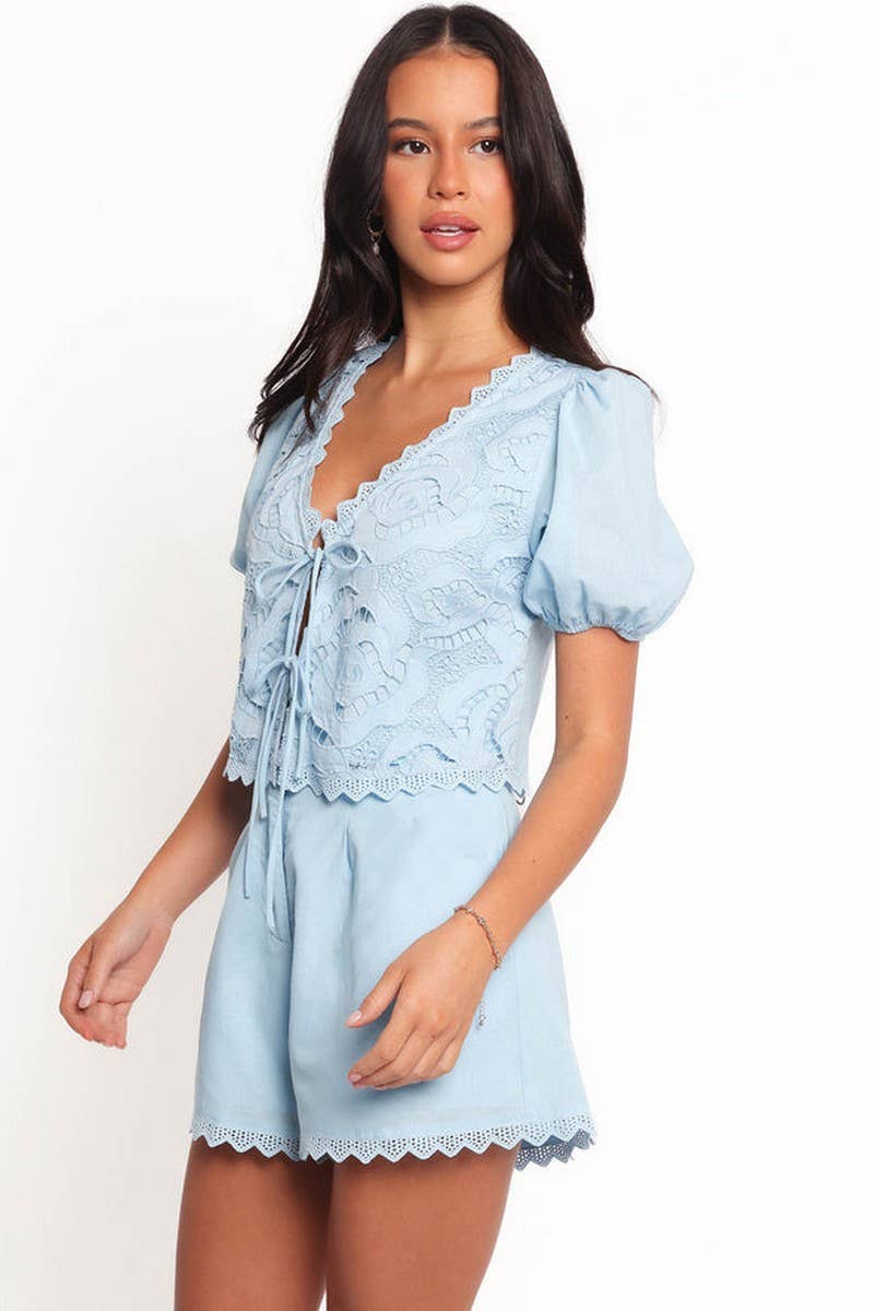 CWSS1223_V-NECK BOW TIE PUFF SLEEVE TOP & SHORTS SET