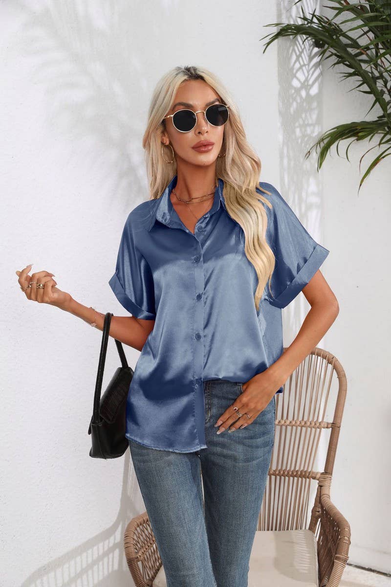 CWTBLS0406_Button Down Silky Satin Short Sleeve Top