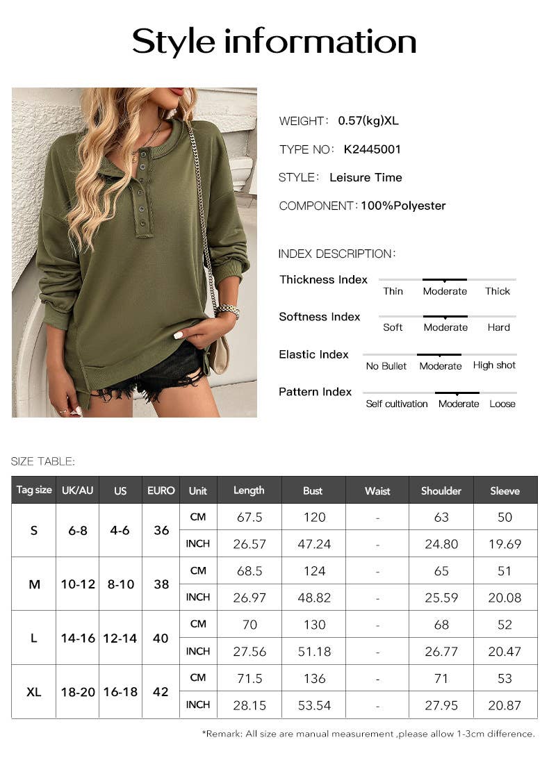 CWTBLL2789_LOOSE SOLID COLOR BUTTON LONG SLEEVE SWEATSHIRT