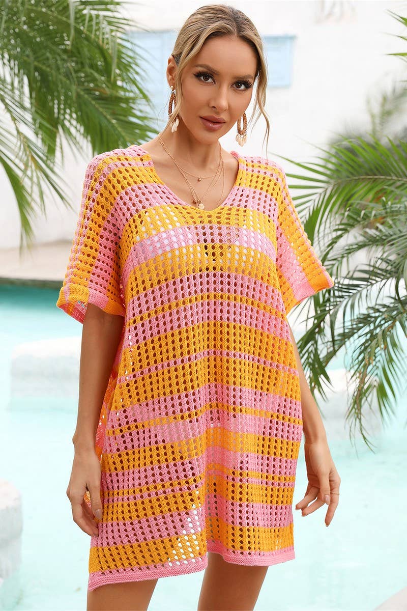 CWOSWS0031_Crochet Bikini Cover V-Neck Beach Top Sweater