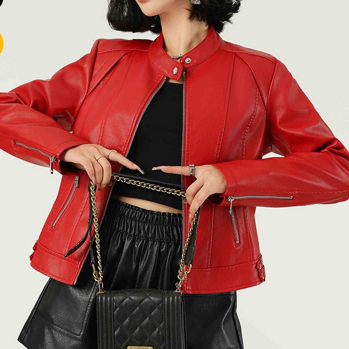 Red PU Leather Jacket ??Stand Collar Spring/Fall_CWMM9012