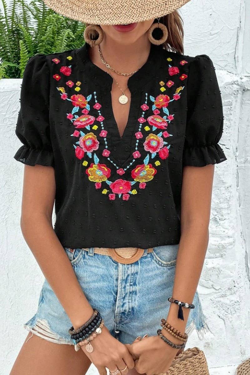 CWTBLS2270_V-NECK FLORAL EMBROIDERED PUFF SLEEVE CHIFFON TOP