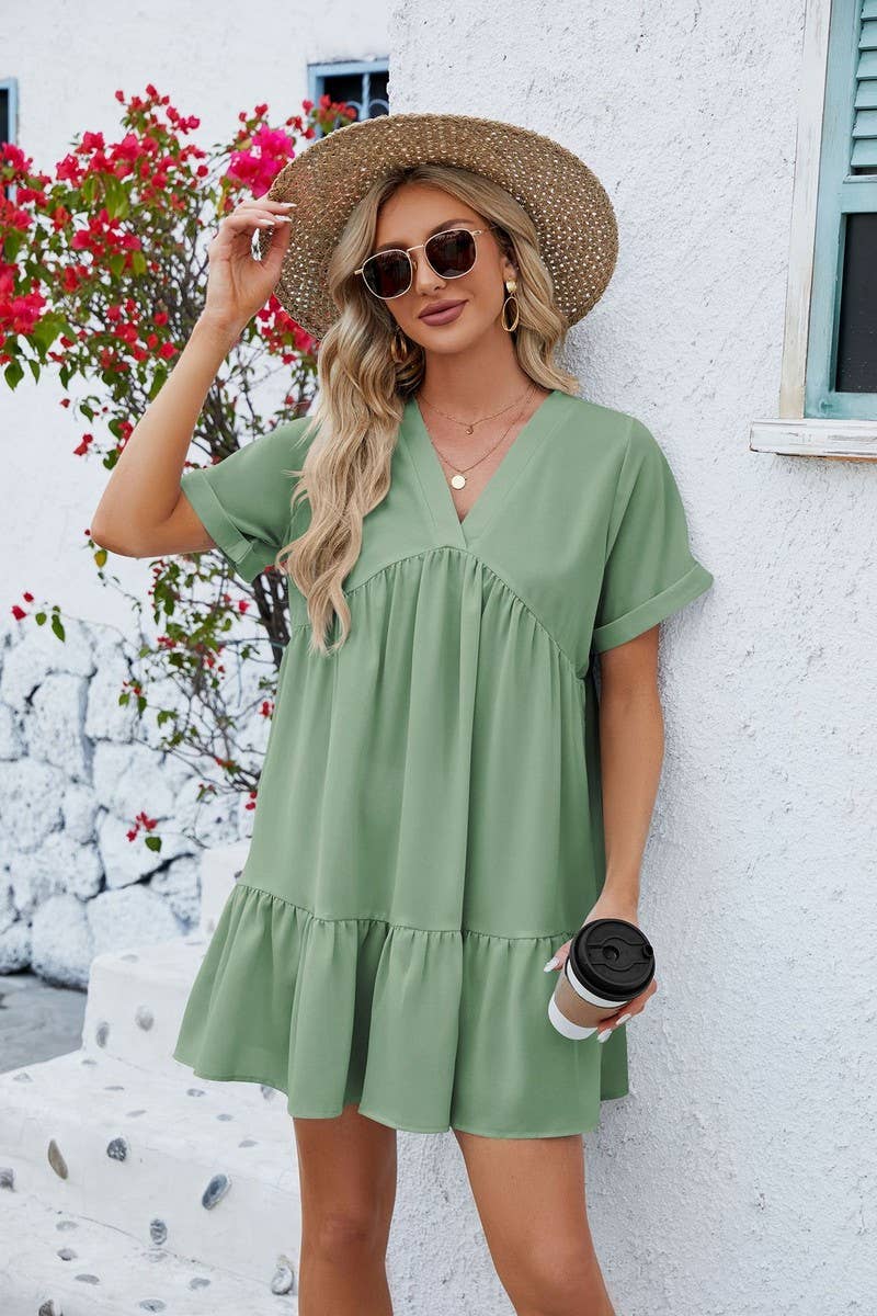 CWDSD3113_V Neck Tiered Short Sleeve Dress