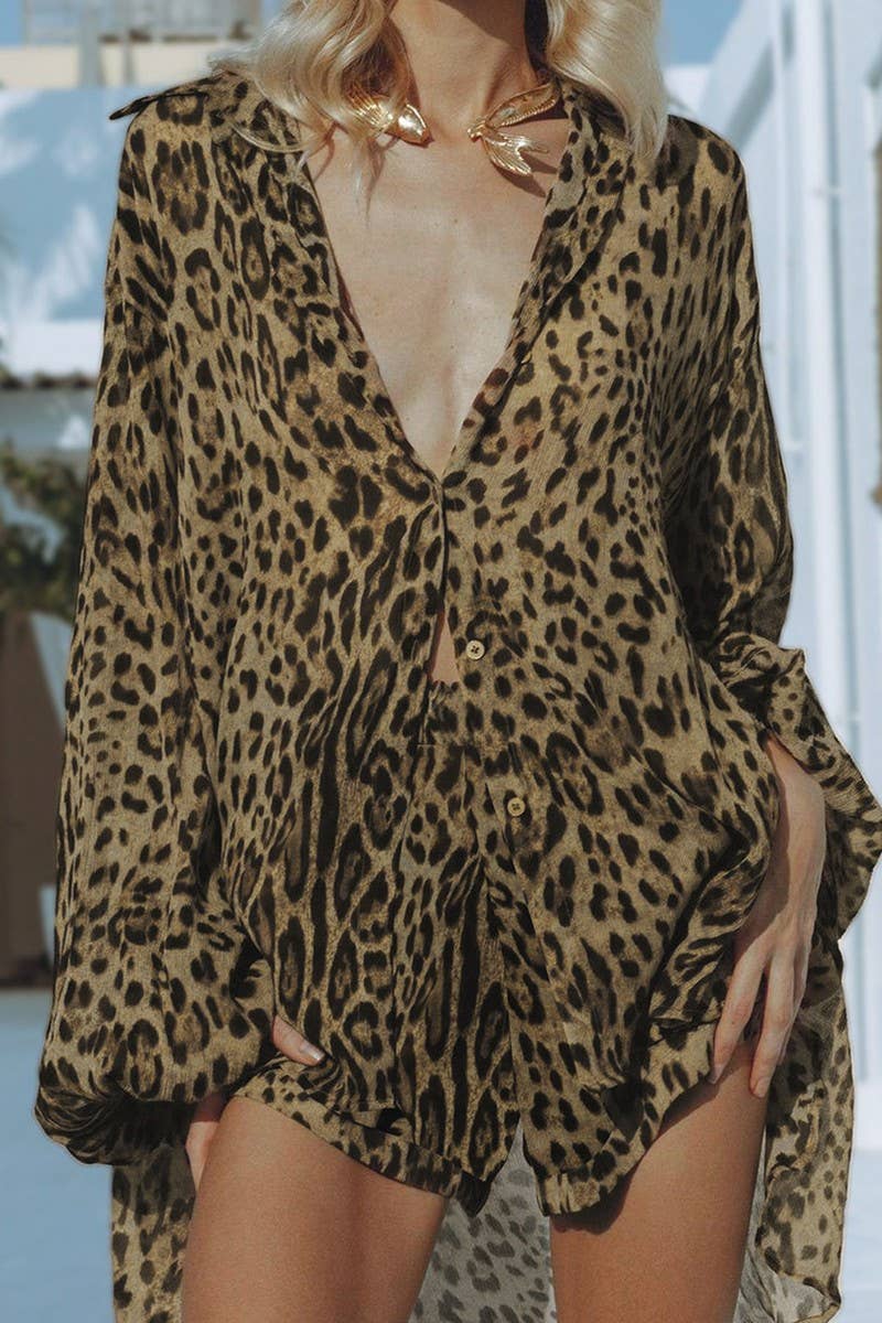 CWSPJ0073_LEOPARD PRINT LONG SLEEVE SHIRT SHORTS PAJAMAS SET