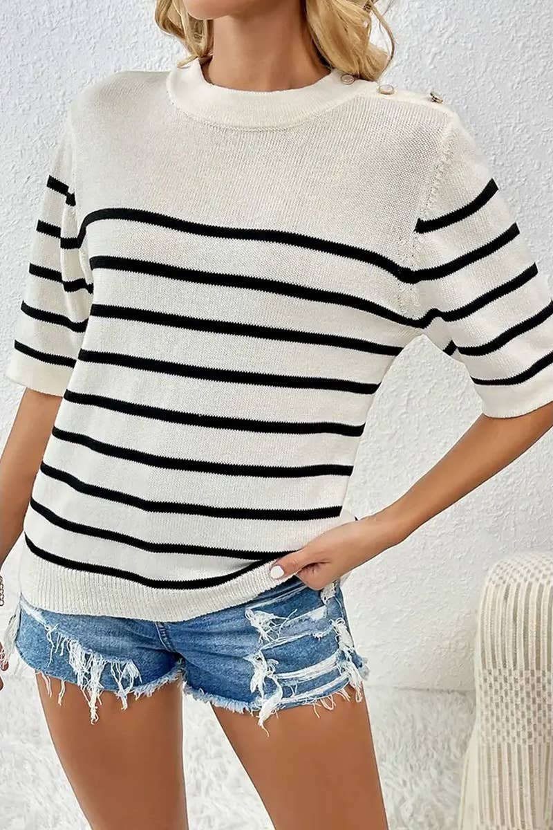 CWTTS1309_STRIPED FASHION ROUND NECK SHORT SLEEVE SWEATER