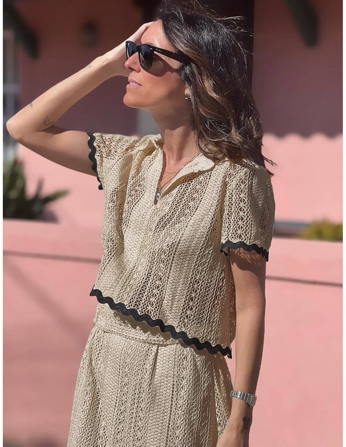 Comfortable shirt collar lace long skirt set