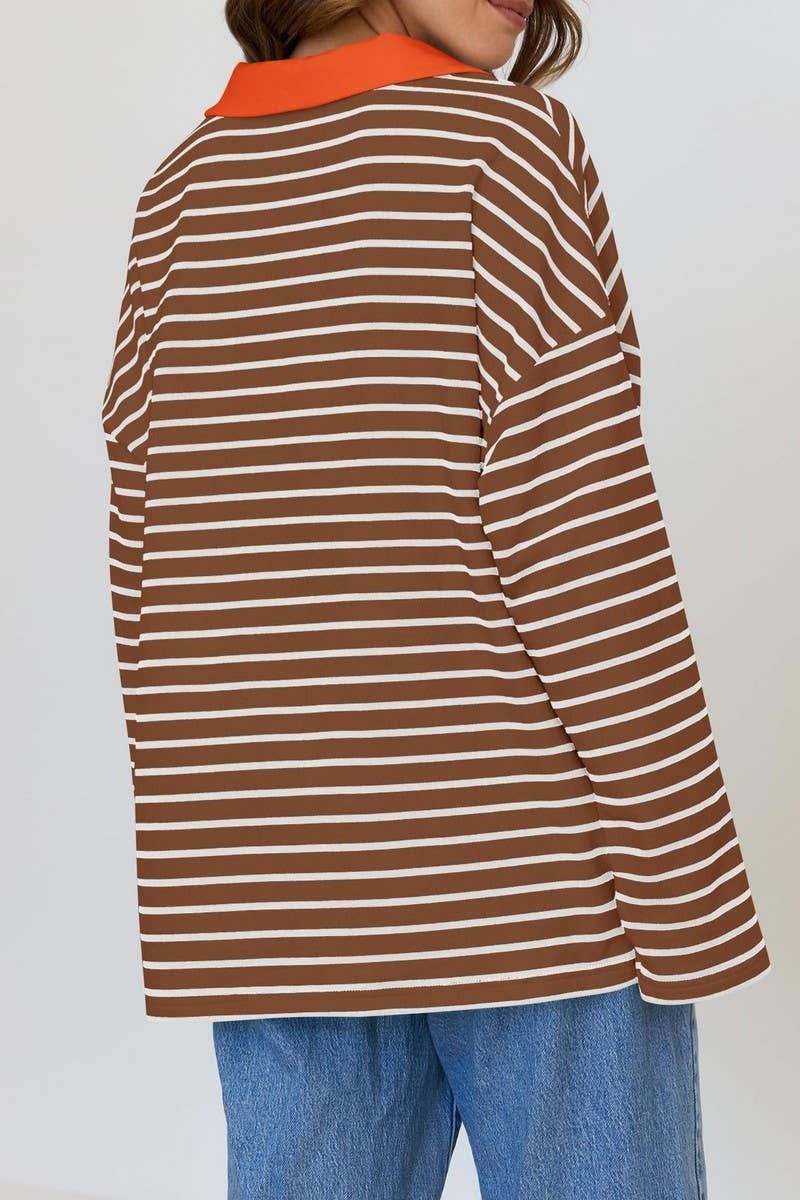 CWTBLL1811_LAPEL STRIPED V-NECK LOOSE SWEATSHIRT