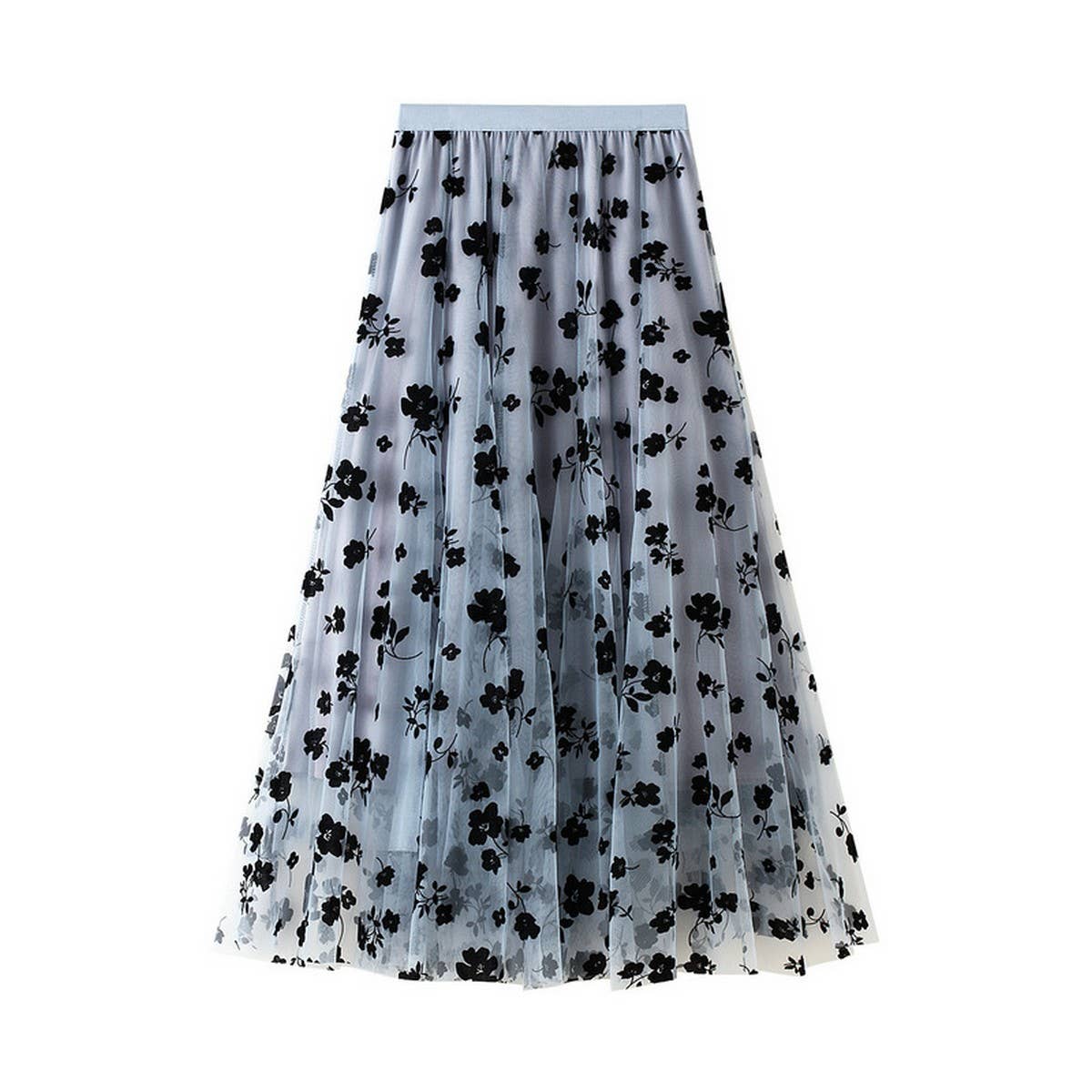 Flocked Tulle Pleated Slim Fit Midi Skirt